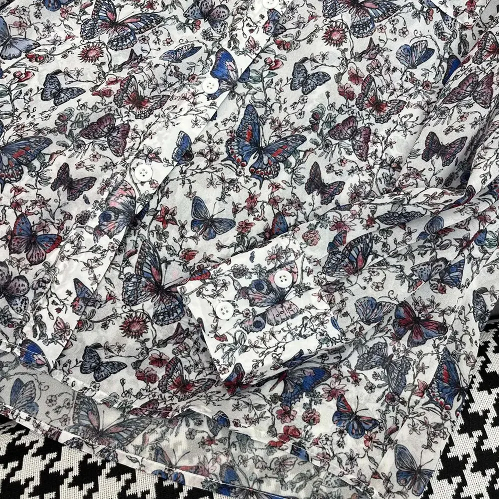 Dior Blouse White Cotton Muslin with Multicolor Toile de Jouy Papillon Motif for Women Dior Blouse White Cotton Muslin with Multicolor Toile de Jouy Papillon Motif for Women
