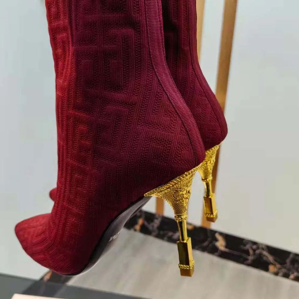 Balmain Moneta Monogrammed Knit Ankle Boots with Engraved Heel for Women in Red