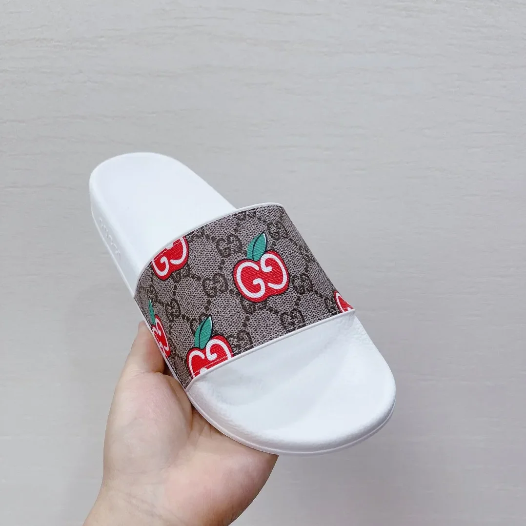 Gucci GG Slide Sandal With GG Apple White And Brown for Women Gucci GG Slide Sandal With GG Apple White And Brown for Women