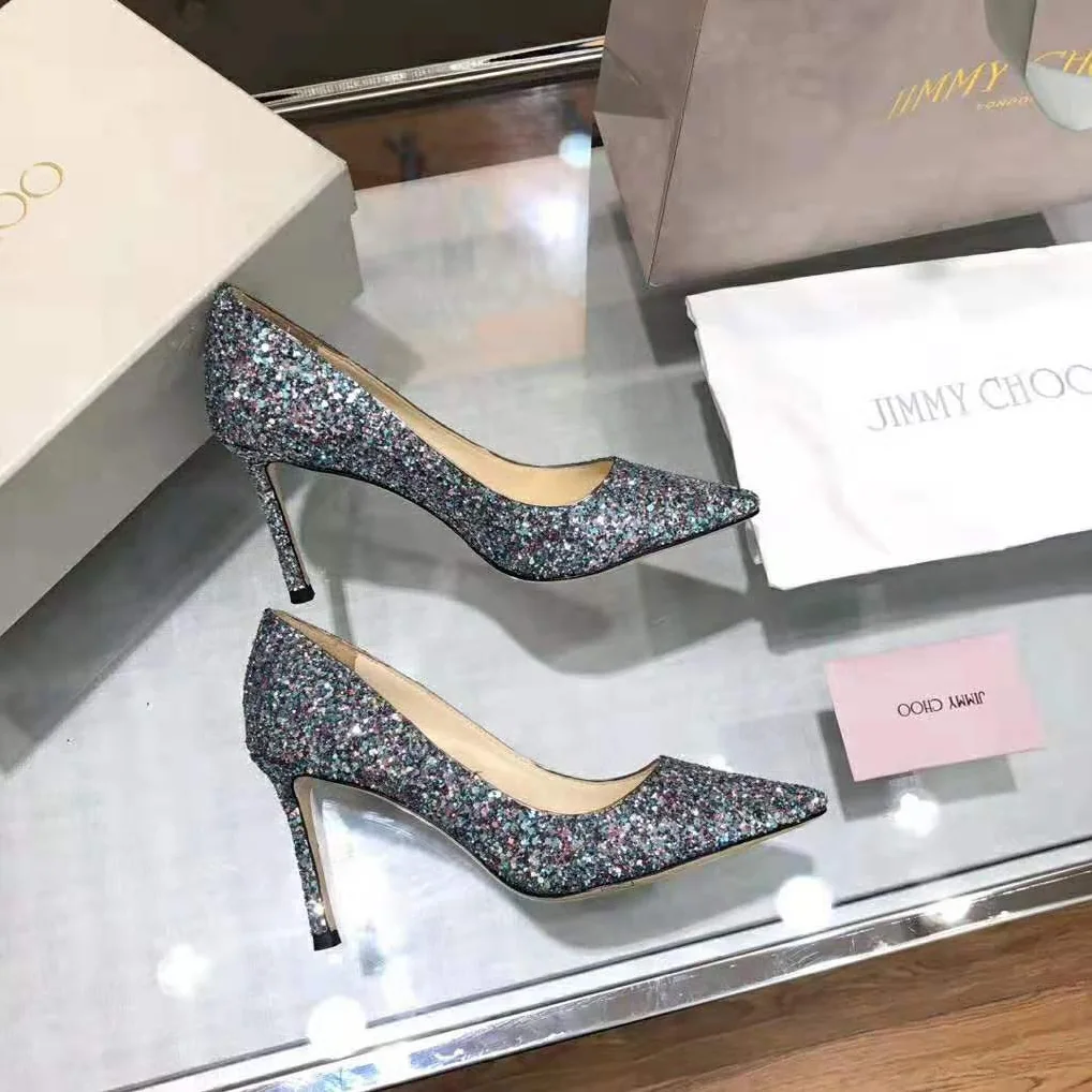Jimmy Choo Romy 85 Gunmetal Star Coarse Glitter Fabric Pointy Toe Pumps for Women in Black