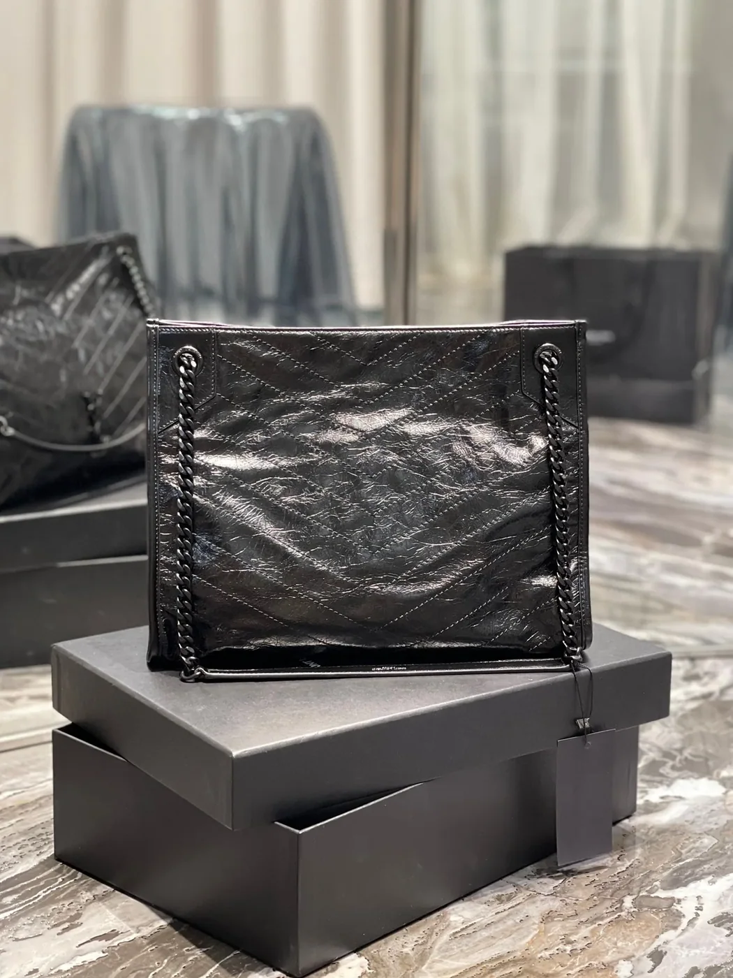 Saint Laurent Niki Shopping Medium Tote Bag in Black Silver Hardware