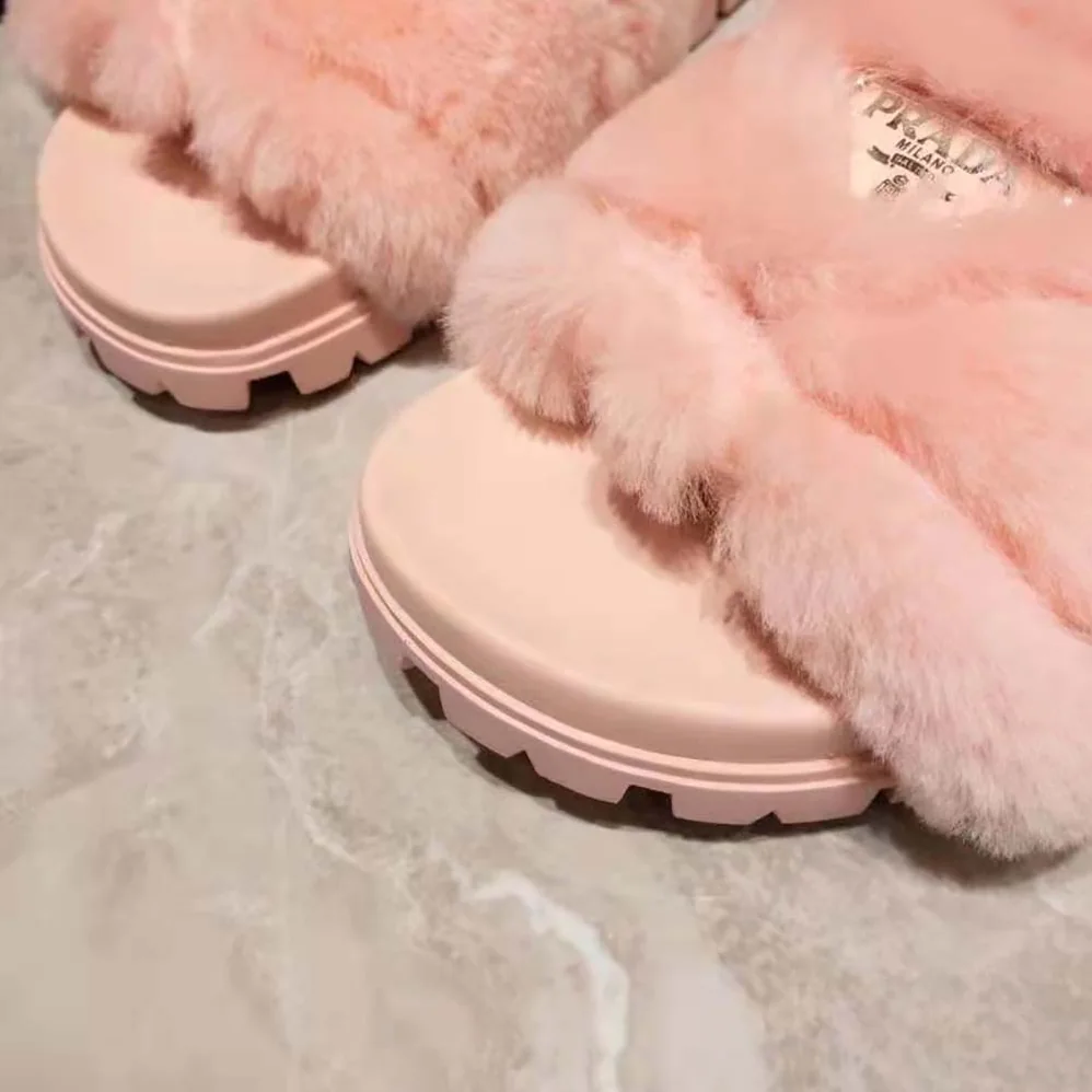 Prada Shearling Slides in 20mm Heel for Women in Pink Prada Shearling Slides in 20mm Heel for Women in Pink