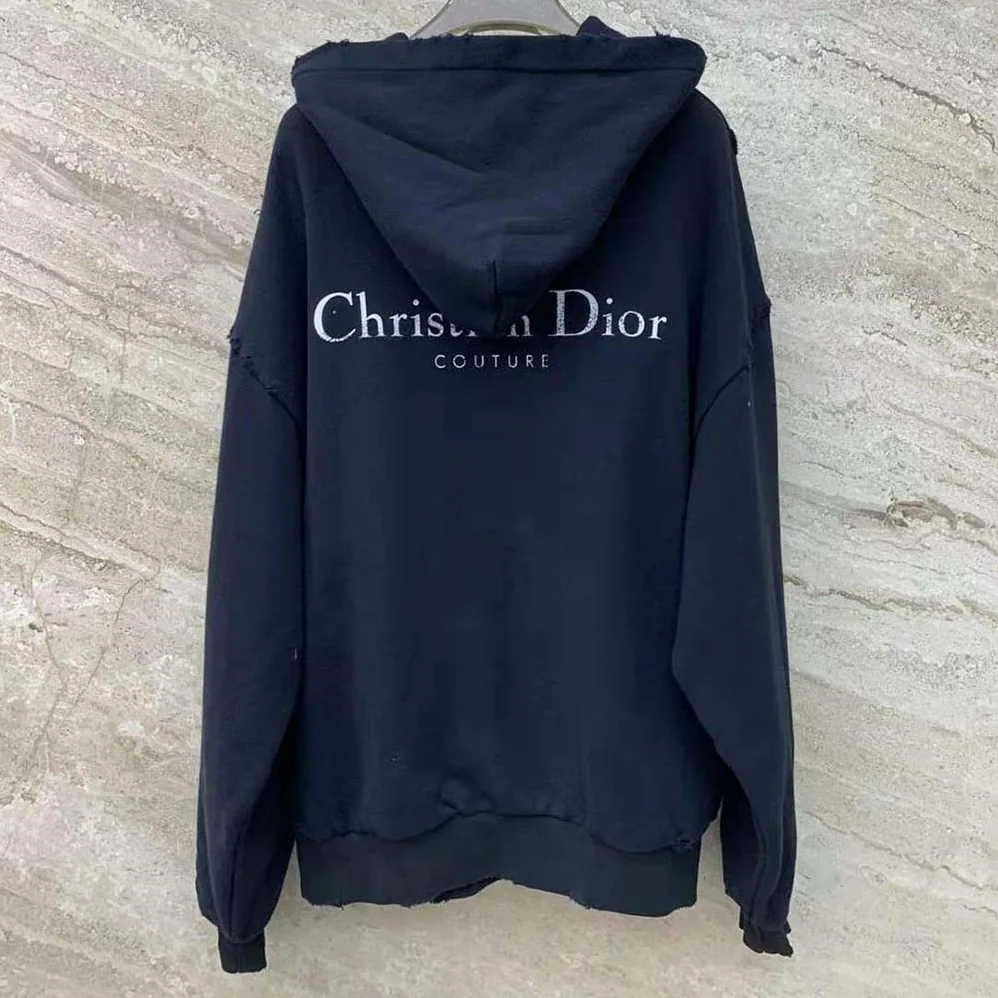 Dior Christian Dior Couture Hooded Sweatshirt Black Cotton Fleece with Dévoré Effect for Women Dior Christian Dior Couture Hooded Sweatshirt Black Cotton Fleece with Dévoré Effect for Women