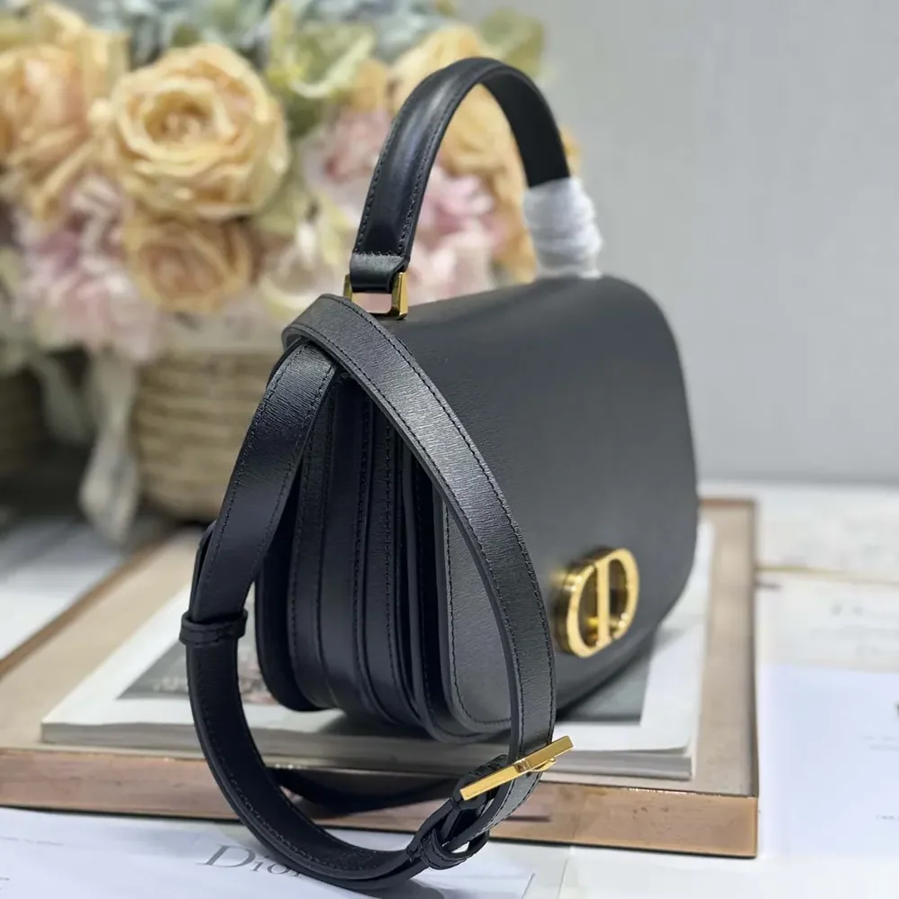 Dior Medium 30 Montaigne Avenue Top Handle Bag Black Ribbed Calfskin for Women
