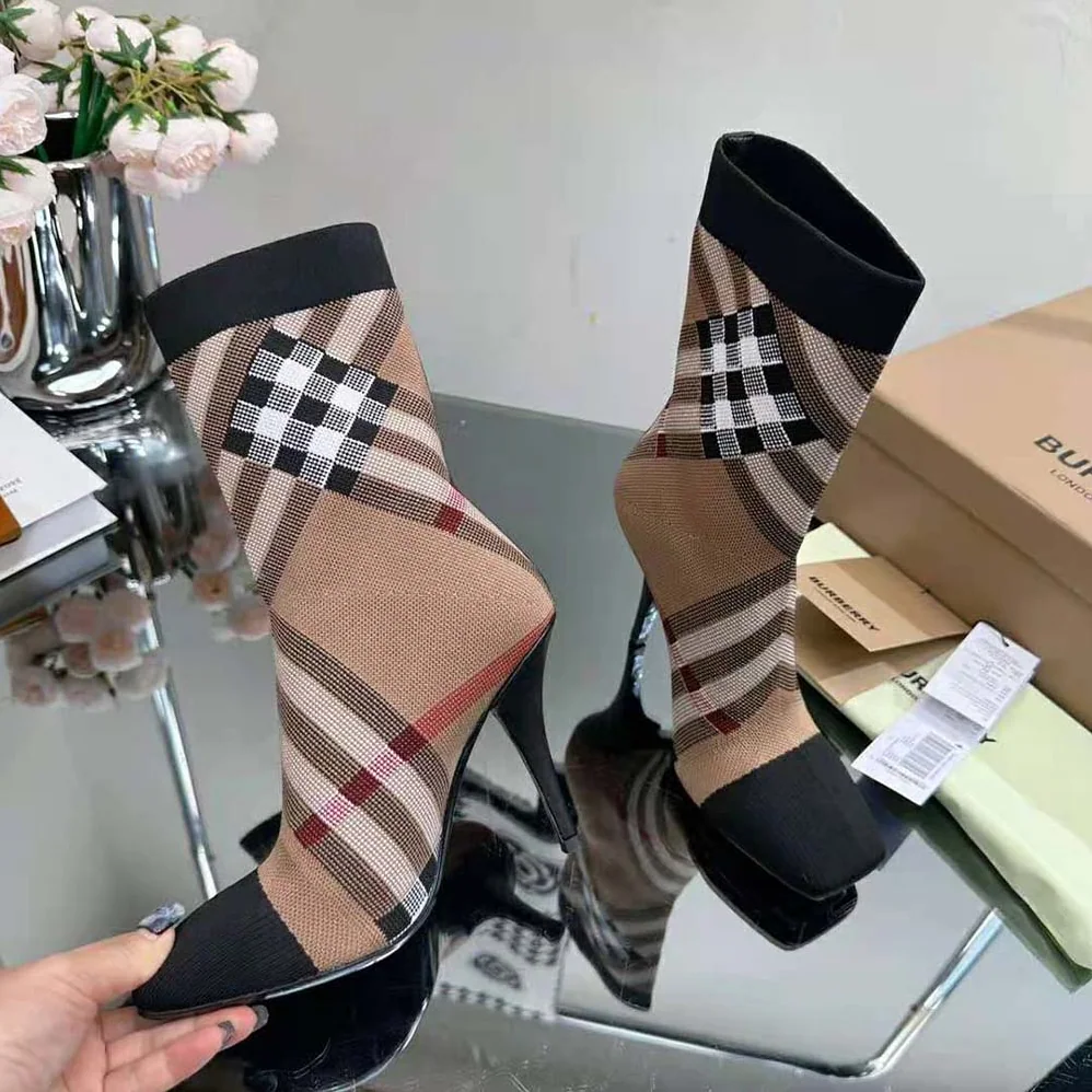 Burberry Knitted Check Sock Boots for Women in Black