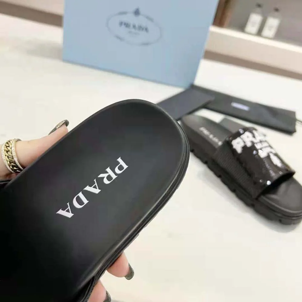 Prada Sequin Slides with Rubber Lug Sole are Covered All Over with Embroidered Sequins for Women Prada Sequin Slides with Rubber Lug Sole are Covered All Over with Embroidered Sequins for Women