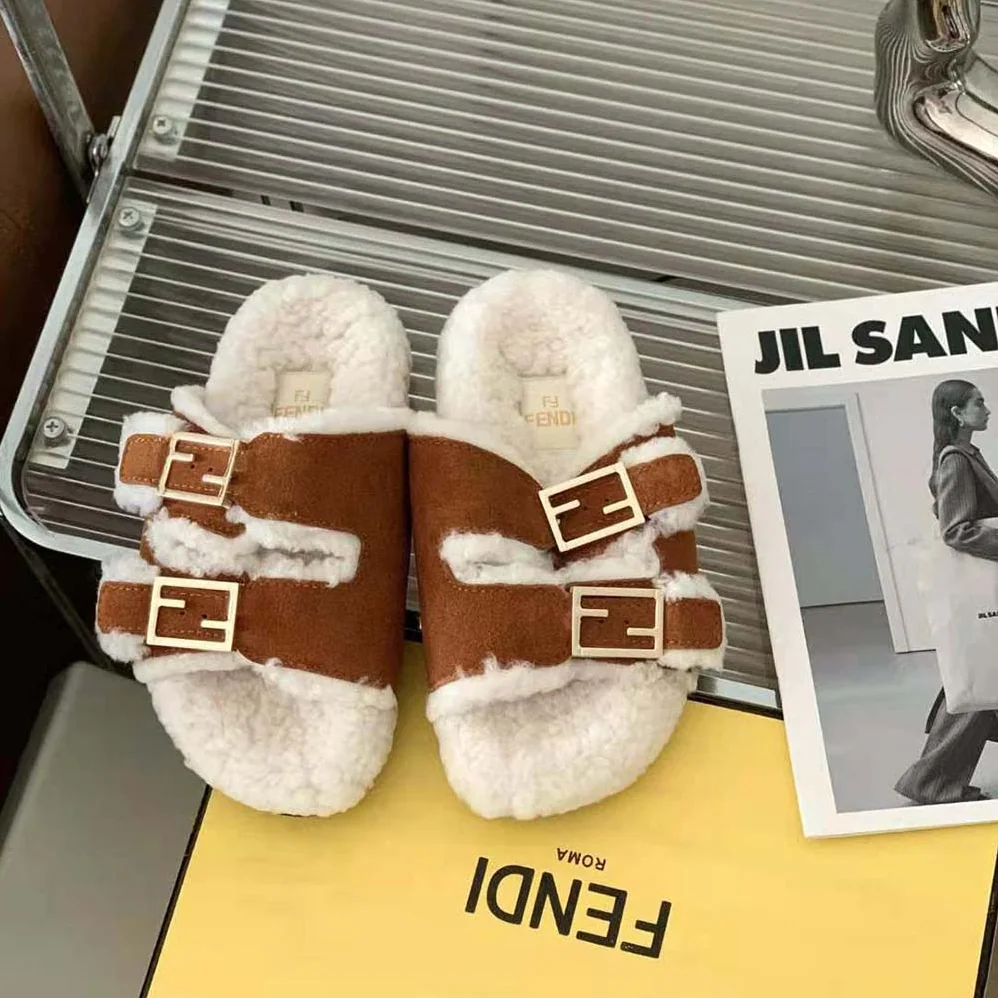 Fendi Feel White Sheepskin Slides for Women