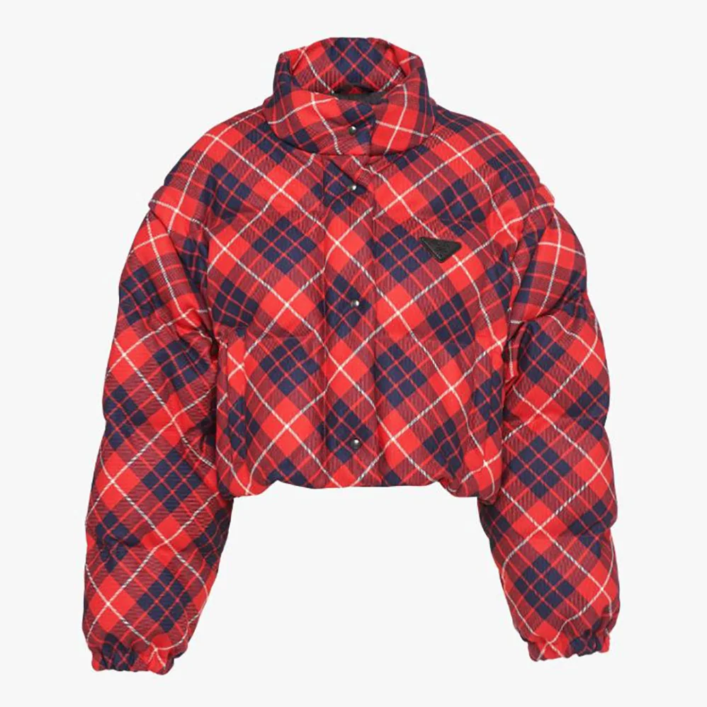 Prada Cropped Plaid Puffer Jacket for Women in Red