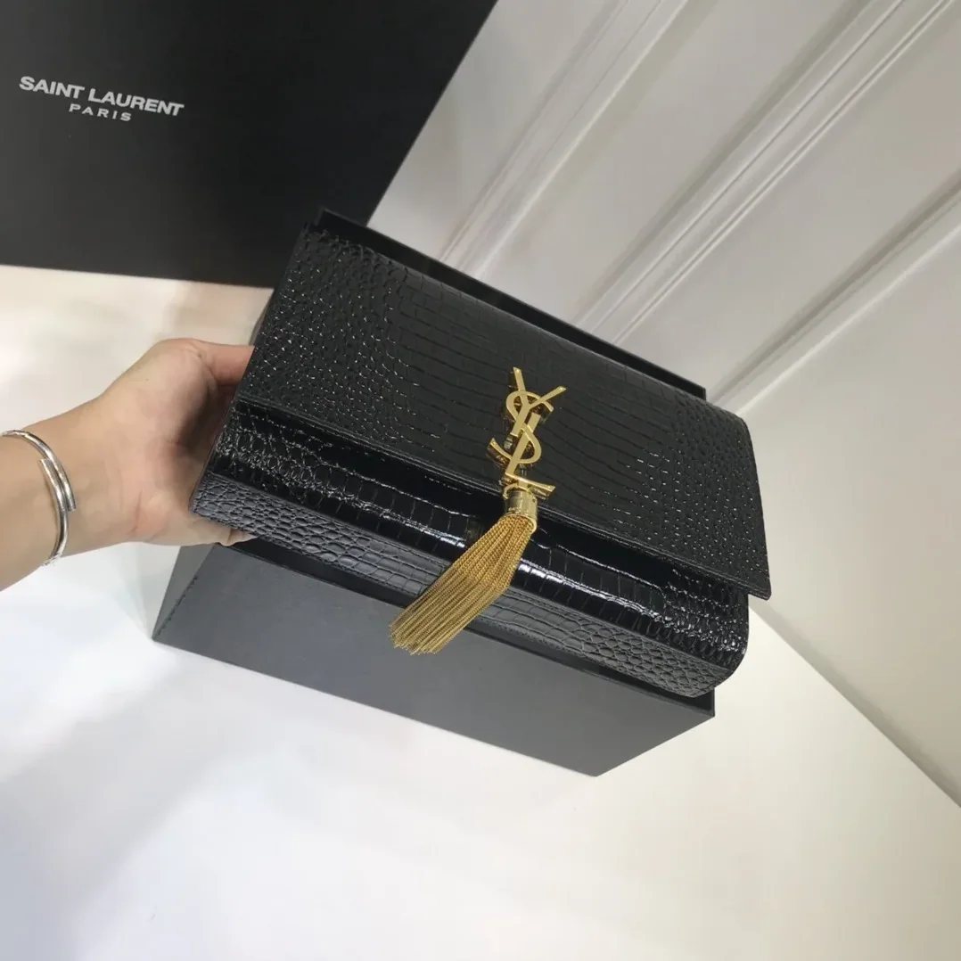Saint Laurent Kate Medium Chain Bag With Tassel In Embossed Crocodile Black in YSL Saint Laurent Kate Medium Chain Bag With Tassel In Embossed Crocodile Black in YSL