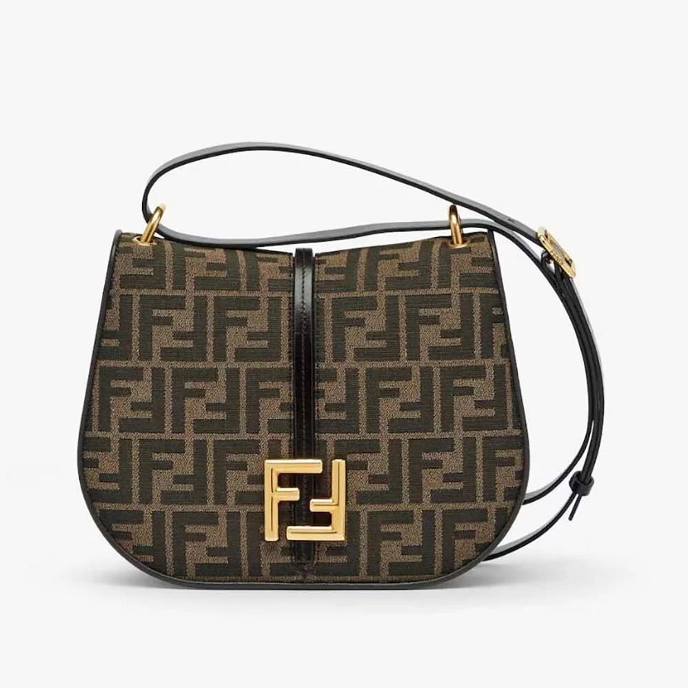 Fendi C'mon Medium Brown FF Jacquard Fabric and Leather Bag for Women Fendi C'mon Medium Brown FF Jacquard Fabric and Leather Bag for Women