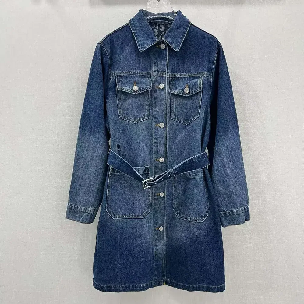 Dior Long Belted Jacket Blue Stonewashed Cotton Denim with Dior Oblique Interior for Women
