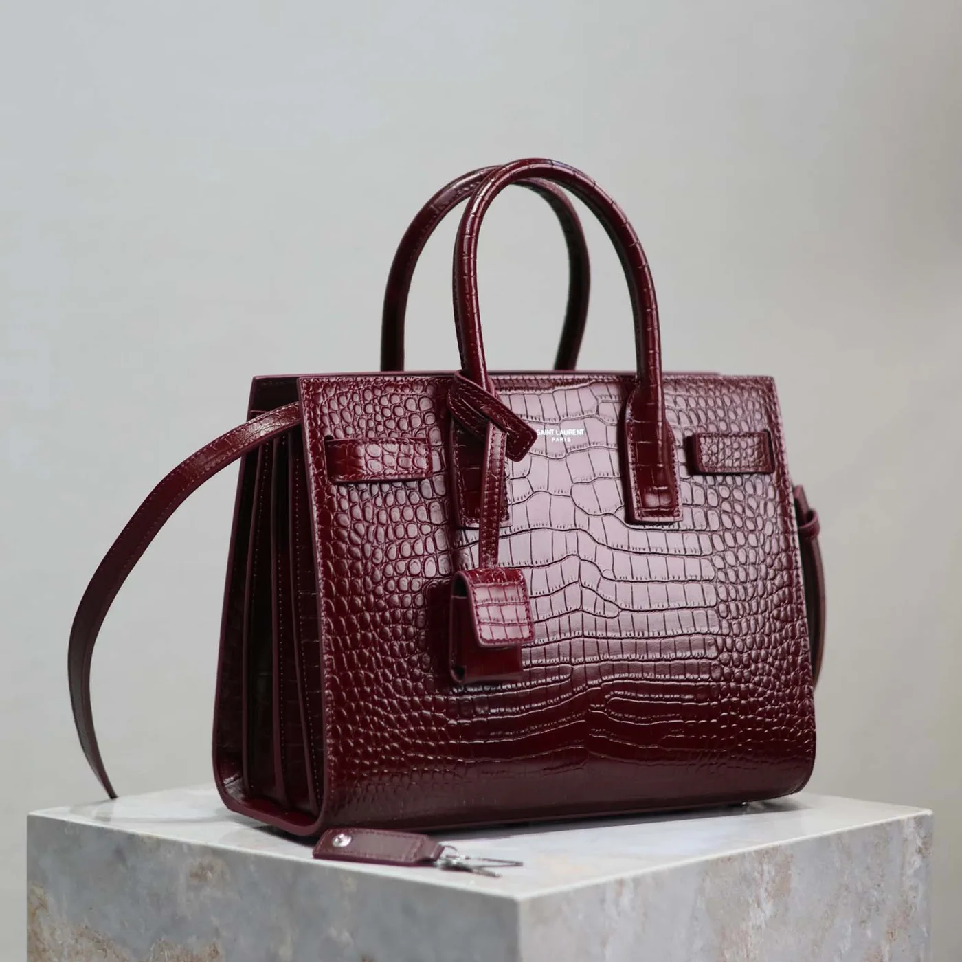 Saint Laurent YSL Sac De Jour in Embossed Crocodile Leather Baby for Women in Maroon Saint Laurent YSL Sac De Jour in Embossed Crocodile Leather Baby for Women in Maroon