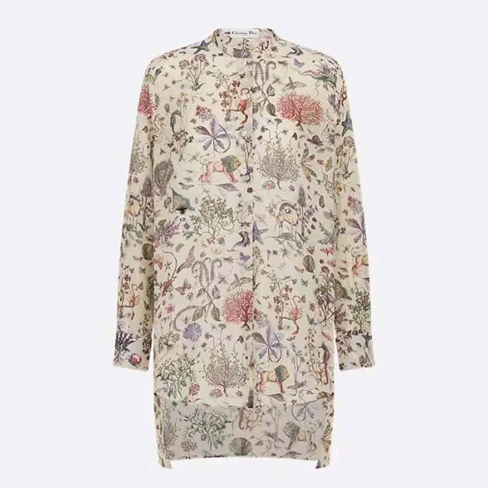 Dior Long Blouse White Cotton Muslin with Multicolor Dior Cabinet de Curiosités Motif for Women