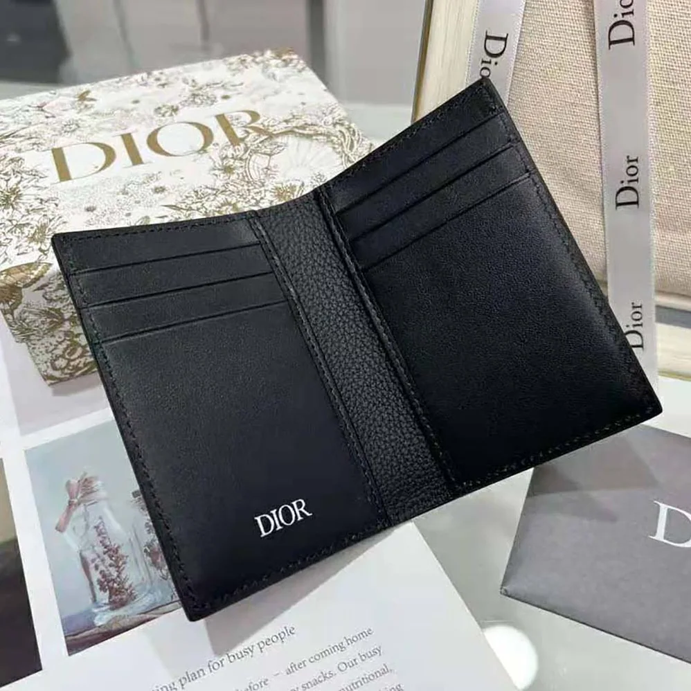 Dior Saddle Bi-fold Card Holder Black Grained Calfskin Leather Marquetry for Men Dior Saddle Bi-fold Card Holder Black Grained Calfskin Leather Marquetry for Men
