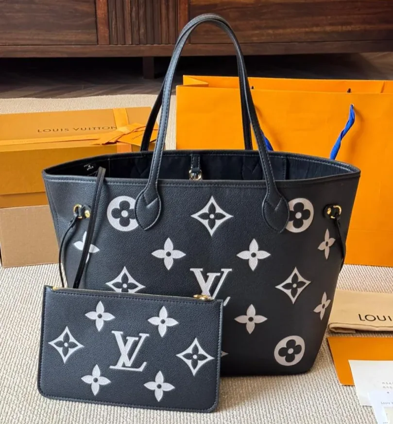 Louis Vuitton Neverfull MM Tote Bag Monogram Empreinte Black in Beige /