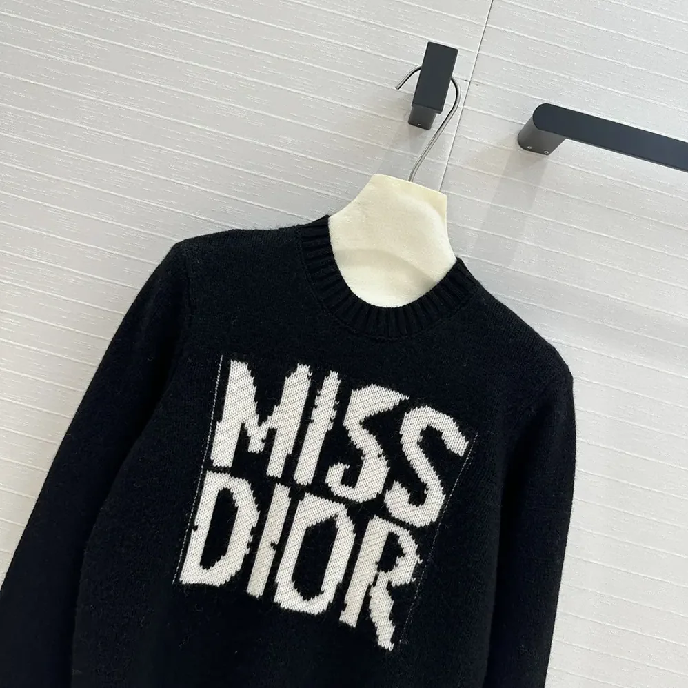 Dior Sweater Black Cashmere and Silk Knit with White Miss Dior Graffiti Motif for Women Dior Sweater Black Cashmere and Silk Knit with White Miss Dior Graffiti Motif for Women