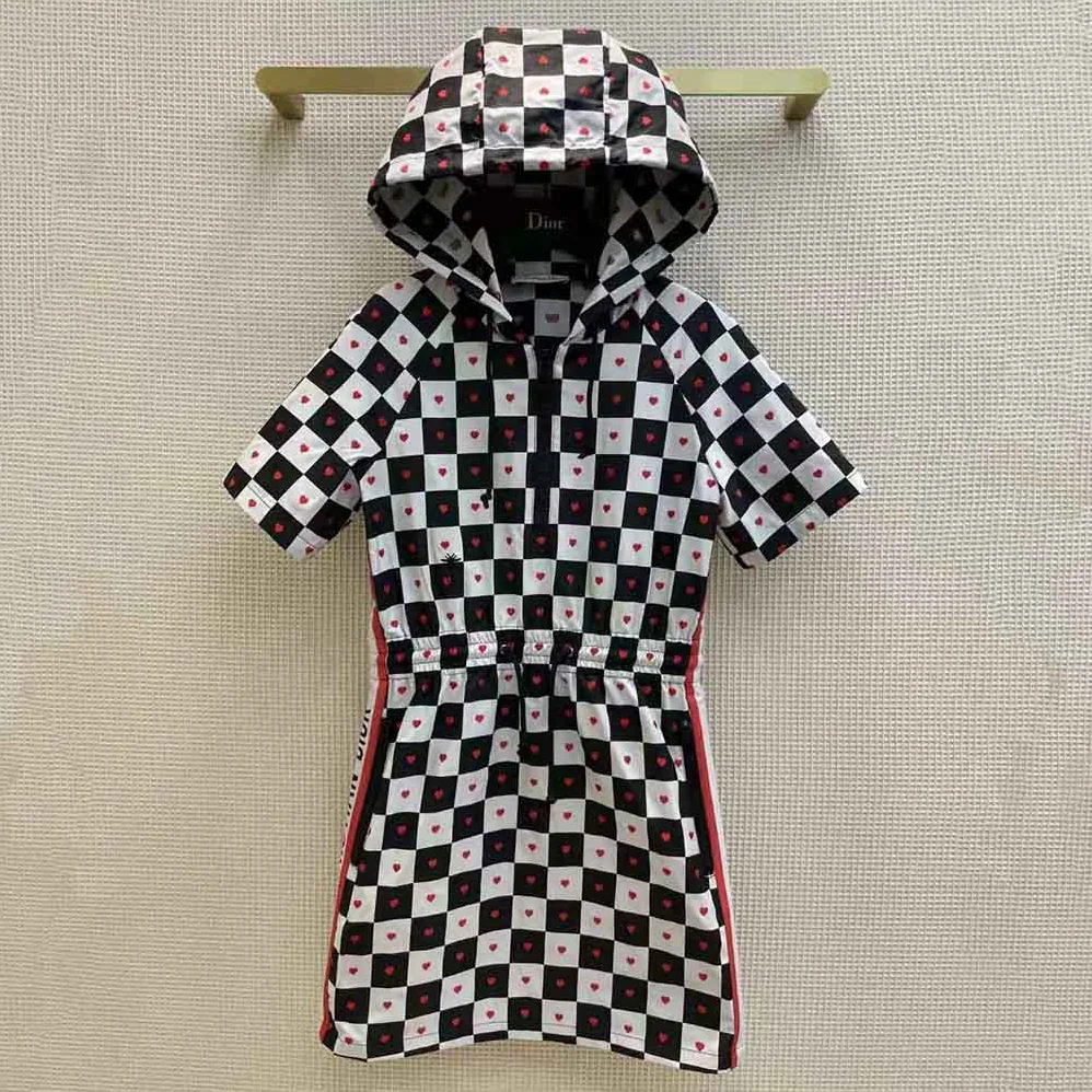 Dior Dioramour Hooded Short Dress Black White and Red D-Chess Heart Technical Taffeta Jacquard for Women Dior Dioramour Hooded Short Dress Black White and Red D-Chess Heart Technical Taffeta Jacquard for Women