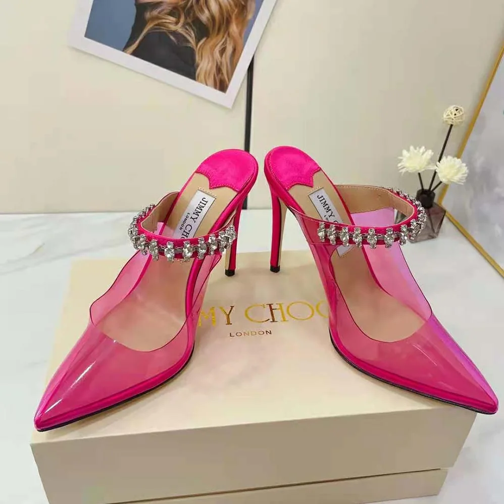 Jimmy Choo Bing 100 Hot Pink Neon Plexi Mules with Pink Crystal Strap for Women Jimmy Choo Bing 100 Hot Pink Neon Plexi Mules with Pink Crystal Strap for Women