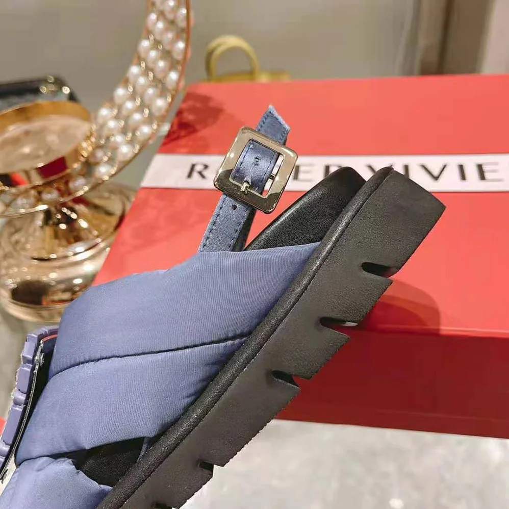Roger Vivier Viv Winter Puffy Strass Buckle Sandals in Satin for Women in Navy Roger Vivier Viv Winter Puffy Strass Buckle Sandals in Satin for Women in Navy
