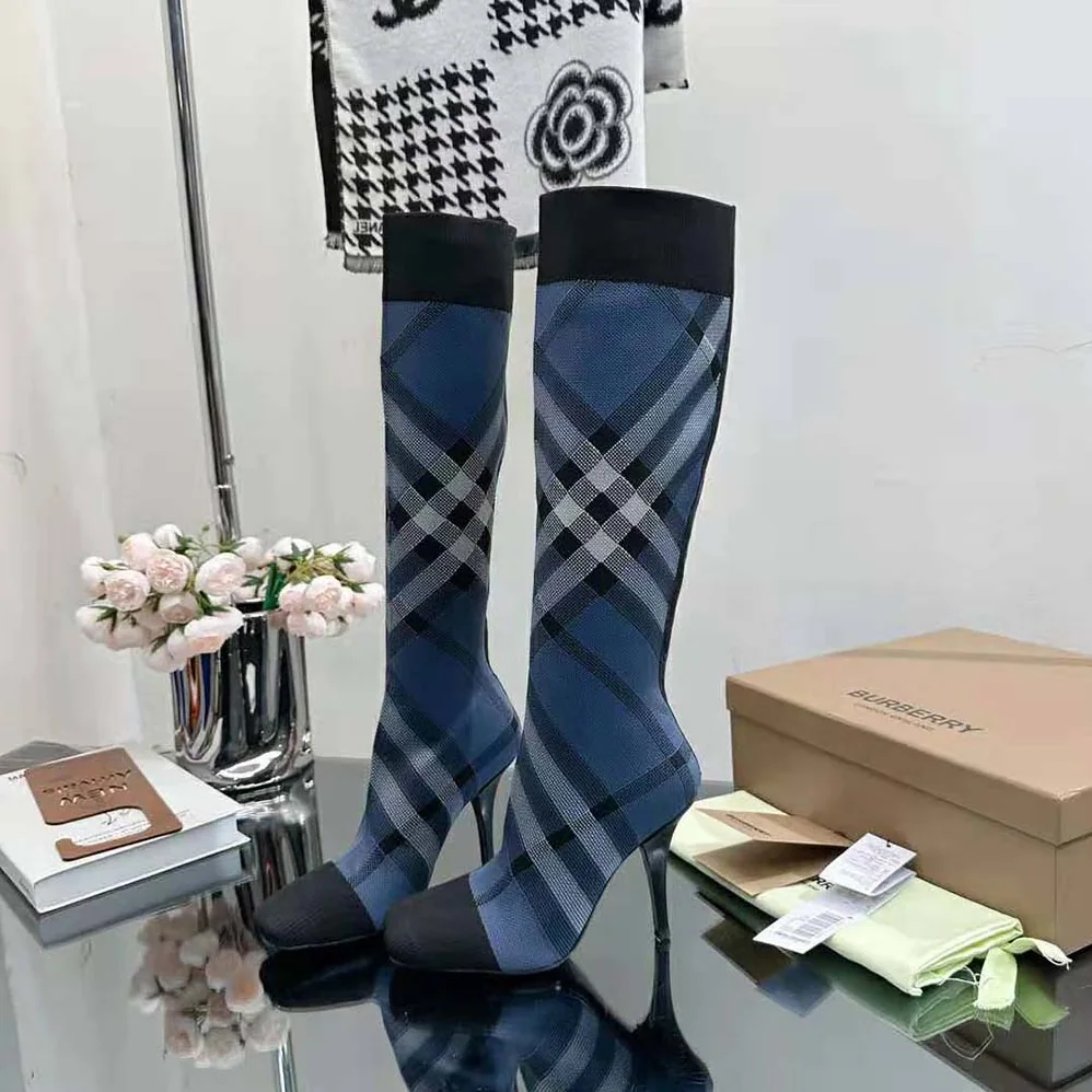 Burberry Knitted Check Sock Boots for Women in Blue Burberry Knitted Check Sock Boots for Women in Blue