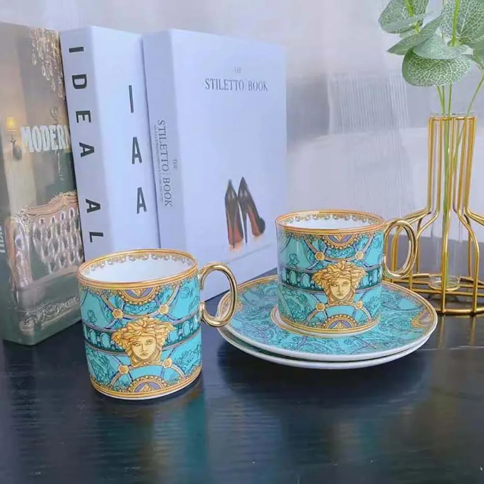 Versace Scala Del Palazzo Coffee Set Includes a Coffee Cup with Handle and a Matching Saucer in Blue