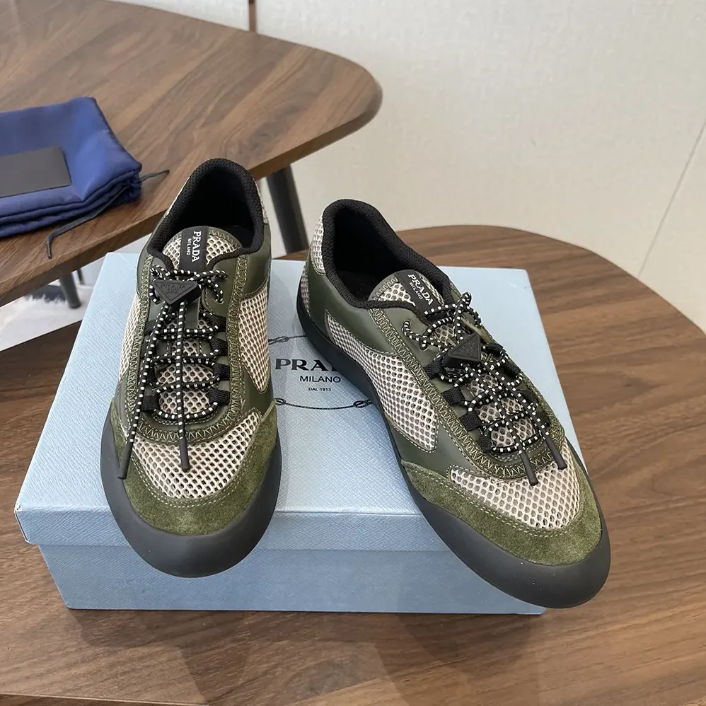 Prada Speedrock Leather And Mesh Fabric Sneakers for Unisex in Dark Green
