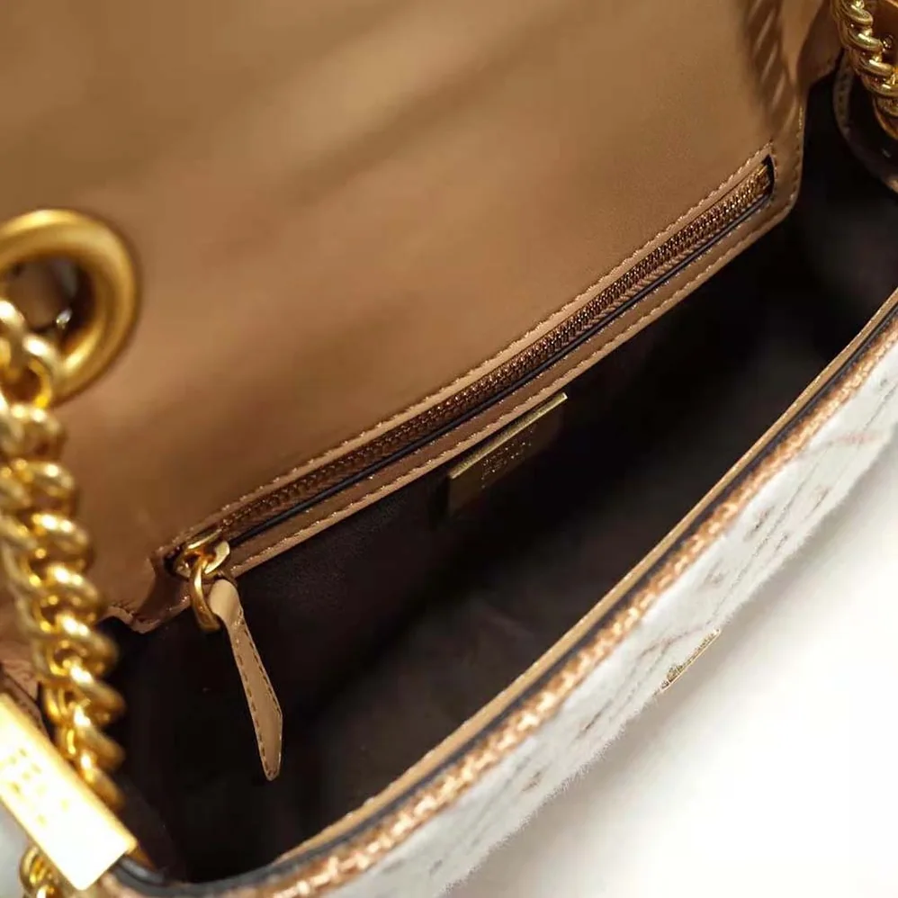 Fendi Baguette Chain Midi Raffia Bag with White Tapestry Fabric FF Motif for Women