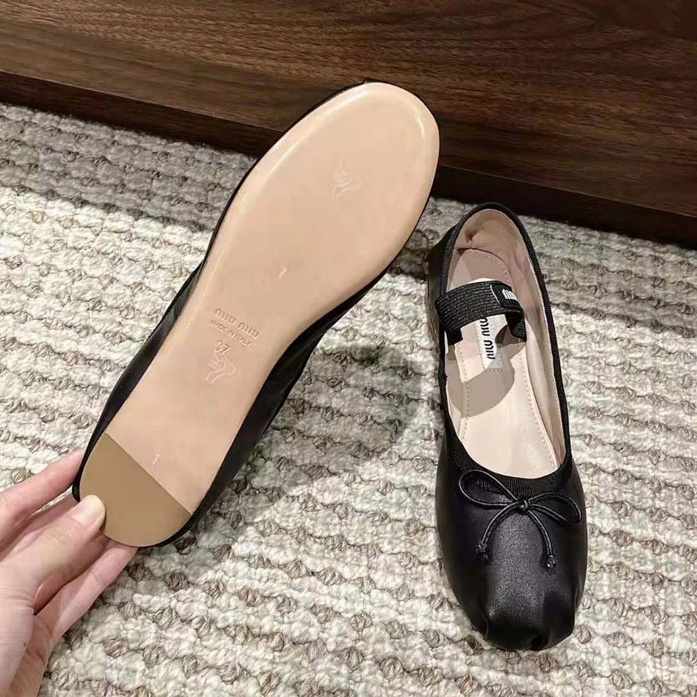 Miu Miu Leather Ballerinas with Fabric Logo Label for Women in Black