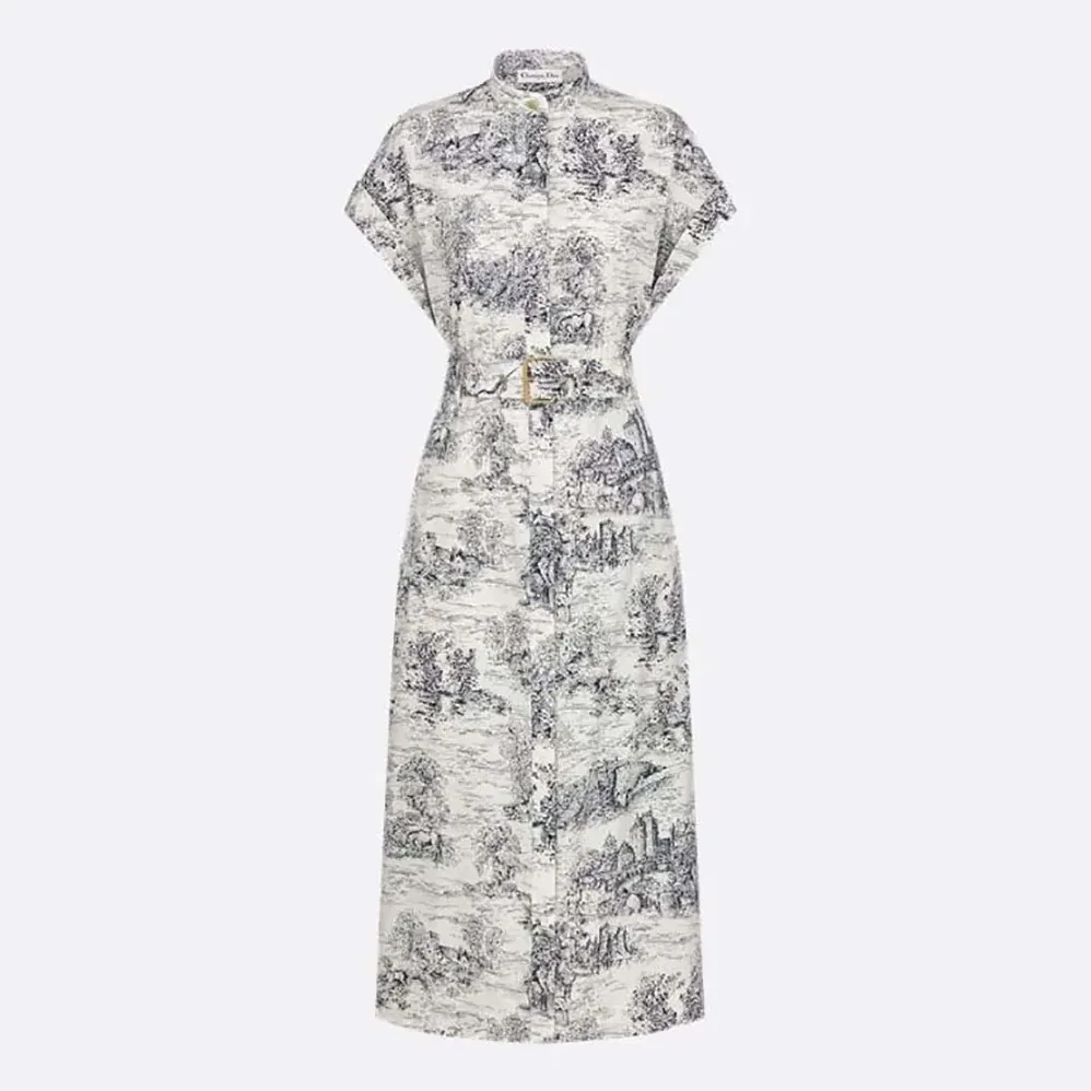 Dior Mid-Length Shirtdress White Cotton and Silk Poplin with Blue Toile de Jouy Scotland Motif for Women Dior Mid-Length Shirtdress White Cotton and Silk Poplin with Blue Toile de Jouy Scotland Motif for Women