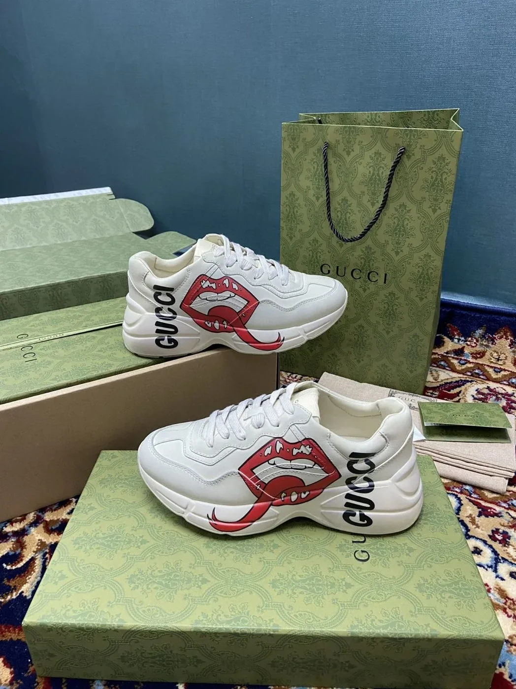 Gucci Rhyton Sneakers With Mouth Print White Ivory for Men Gucci Rhyton Sneakers With Mouth Print White Ivory for Men