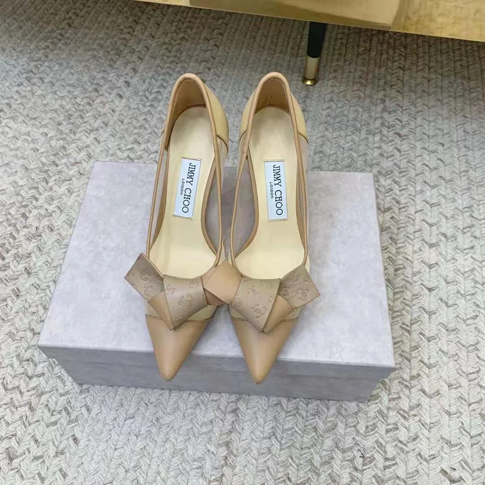 Jimmy Choo Lani 100 Caramel Mesh Pumps with JC Monogram Leather Bow for Women Jimmy Choo Lani 100 Caramel Mesh Pumps with JC Monogram Leather Bow for Women