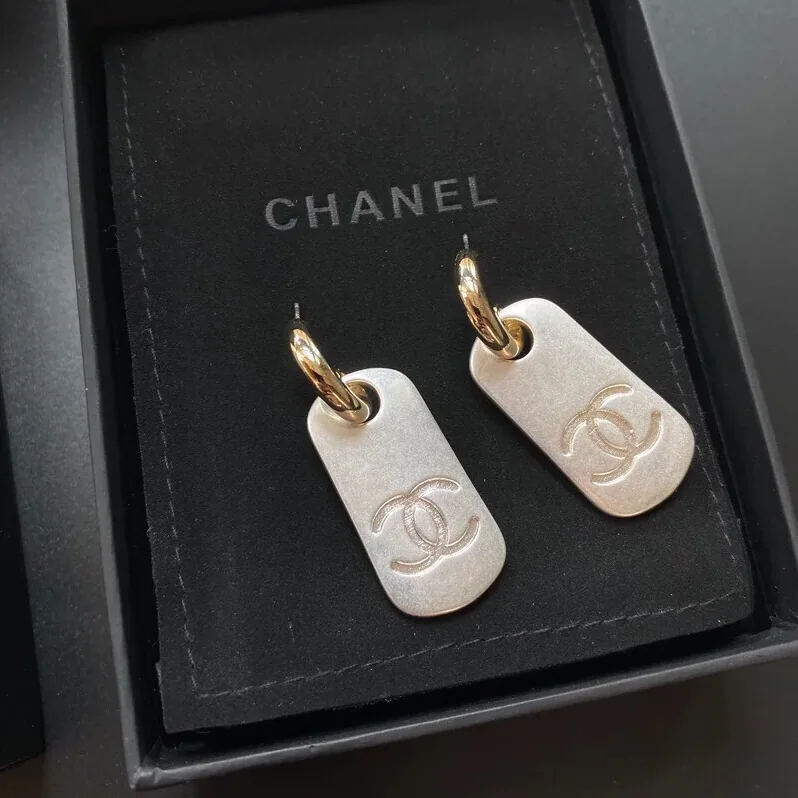 Chanel Dangling Big Tag Earrings Gold Tone