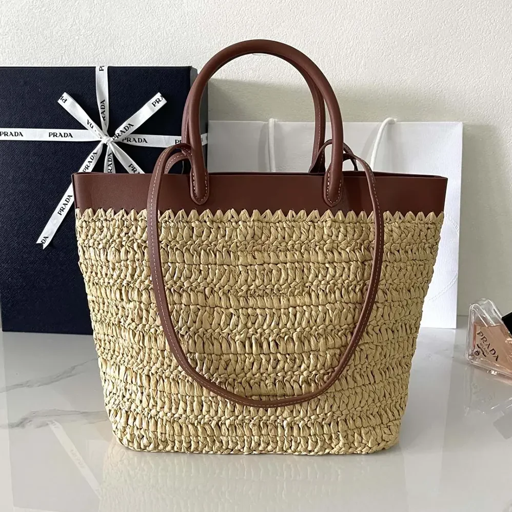 Prada Small Crochet and Leather Tote Bag for Women Prada Small Crochet and Leather Tote Bag for Women