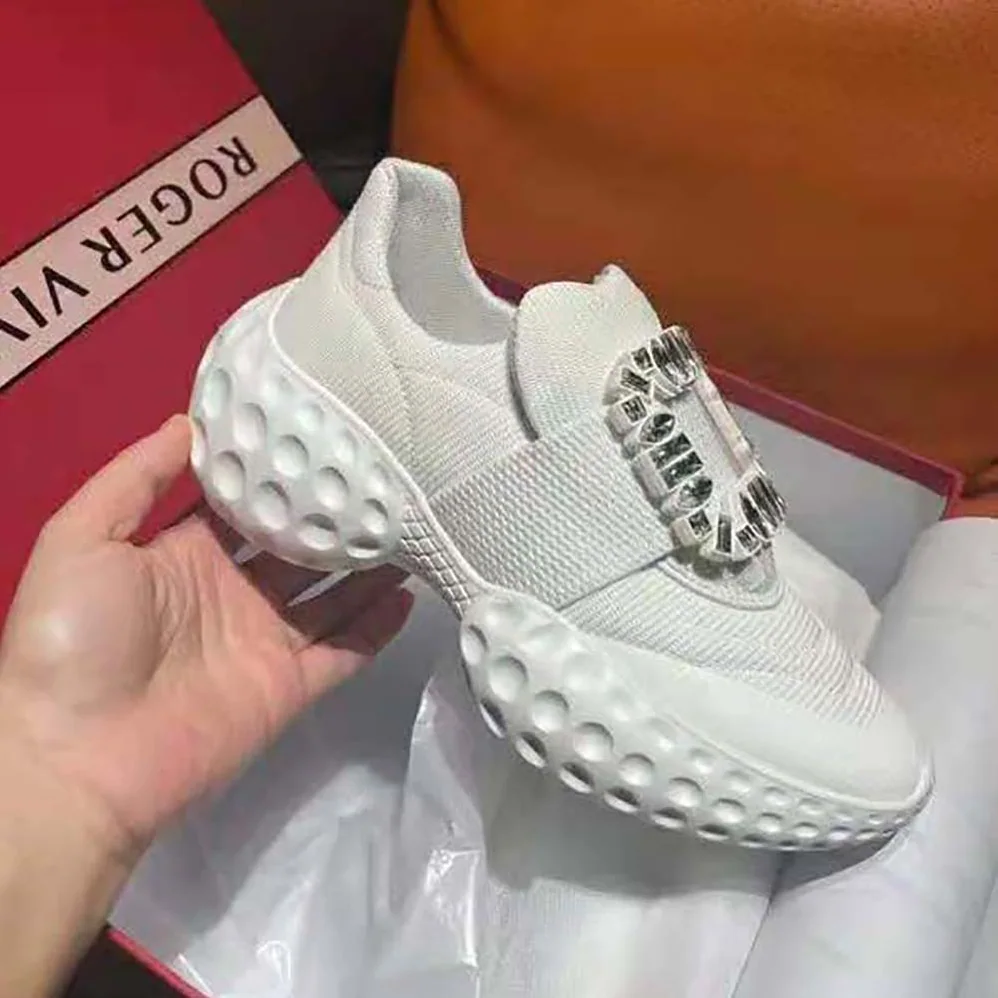 Roger Vivier Viv' Run Light Strass Buckle Sneakers in Fabrics for Women in White Roger Vivier Viv' Run Light Strass Buckle Sneakers in Fabrics for Women in White