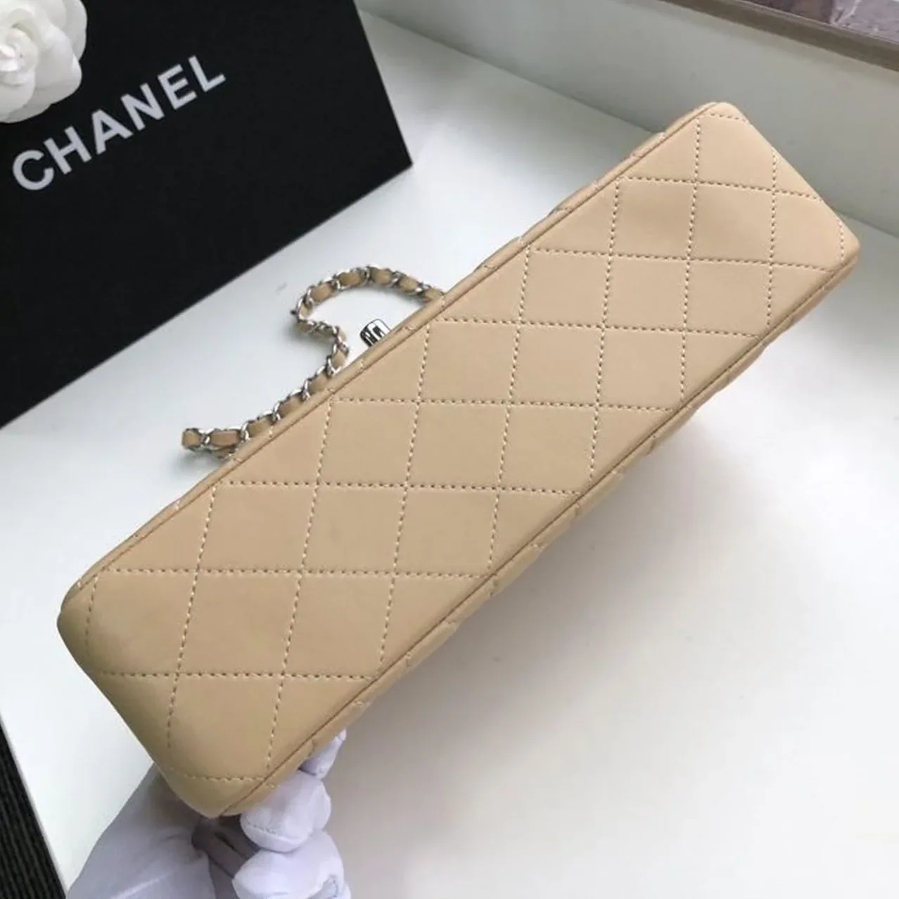 Chanel Classic Double Flap Bag Medium Crossbody in Beige Silver Hardware