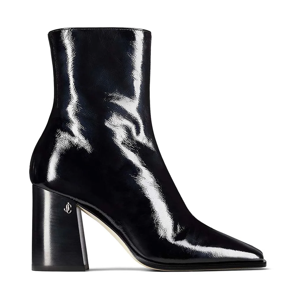 Jimmy Choo Bryelle 85 Black Naplack Block Heel Ankle Boots with JC emblem for Women Jimmy Choo Bryelle 85 Black Naplack Block Heel Ankle Boots with JC emblem for Women