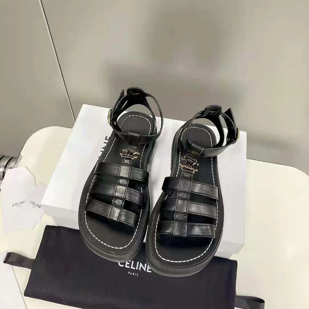 Celine Clea Triomphe Gladiator Chunky Sandal in Vegetal Calfskin for Women in Black Celine Clea Triomphe Gladiator Chunky Sandal in Vegetal Calfskin for Women in Black