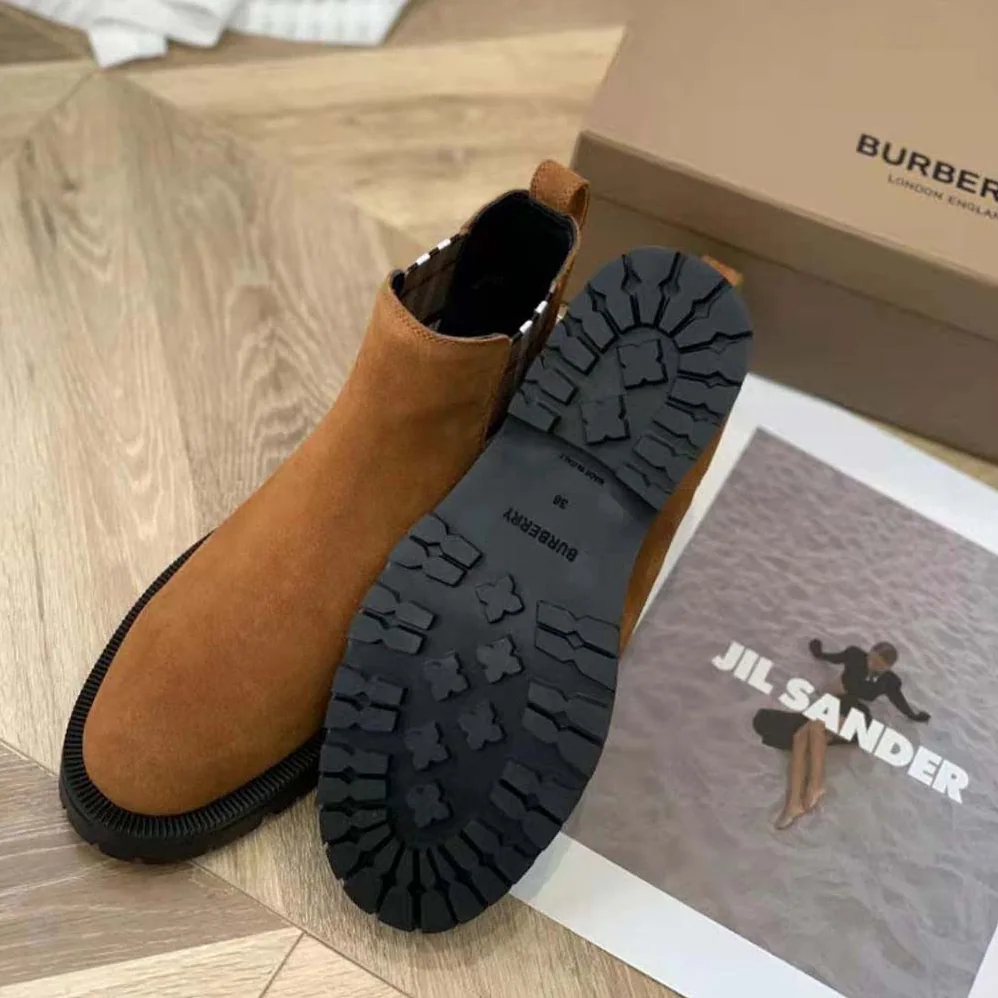 Burberry Vintage Check Detail Suede Chelsea Boots for Women in Brown Burberry Vintage Check Detail Suede Chelsea Boots for Women in Brown