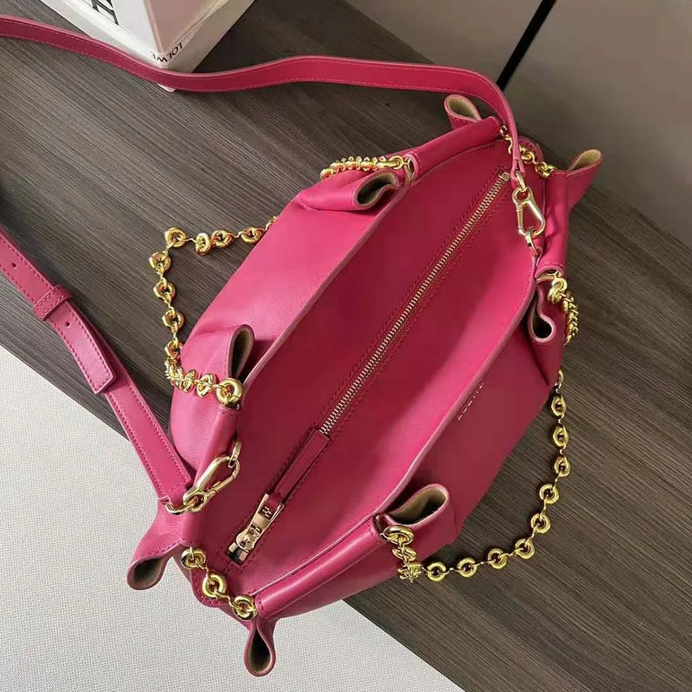 Loewe Small Paseo Bag in Shiny Nappa Calfskin with Chain for Women in Rose Loewe Small Paseo Bag in Shiny Nappa Calfskin with Chain for Women in Rose