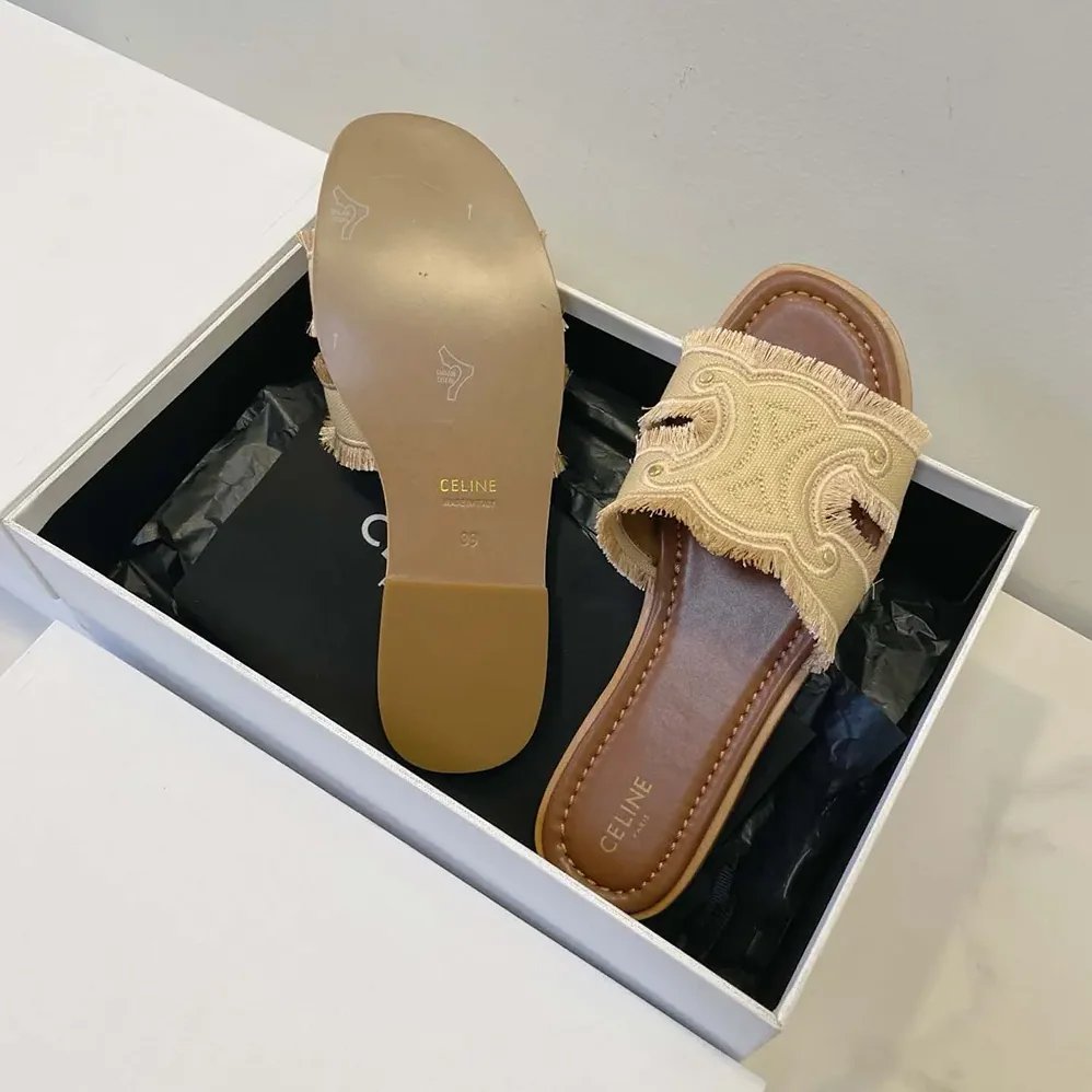 Celine Marina Fringed Mule in Cotton for Women in Beige