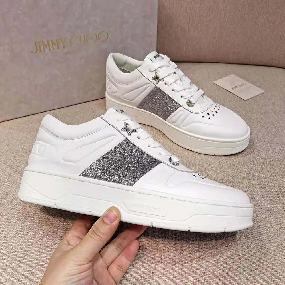 Jimmy Choo Hawaii/f White Calf Leather Lace-Up Trainers with Glitter Stripe for Women Jimmy Choo Hawaii/f White Calf Leather Lace-Up Trainers with Glitter Stripe for Women