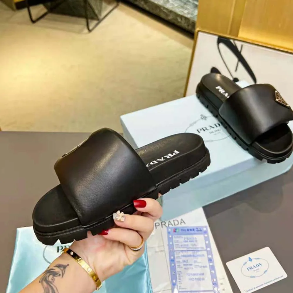 Prada Soft Padded Nappa Leather Slides for Women in Black