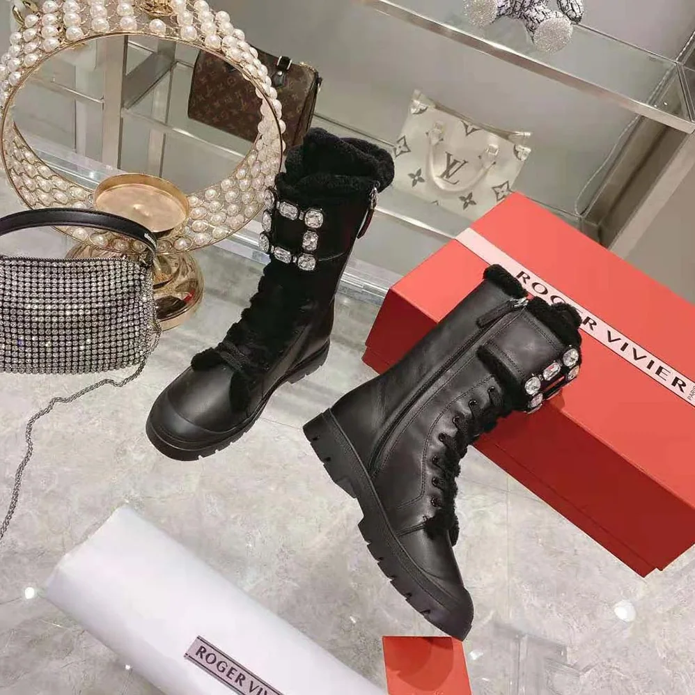 Roger Vivier Walky Viv' Shearling Strass Buckle Boots in Leather for Women in Black Roger Vivier Walky Viv' Shearling Strass Buckle Boots in Leather for Women in Black