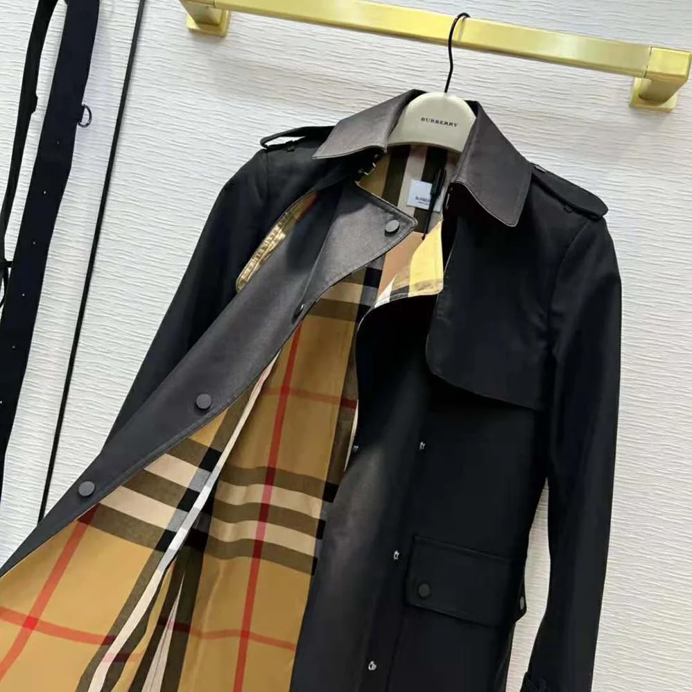 Burberry Check Panel Cotton Gabardine Trench Coat for Women in Black Burberry Check Panel Cotton Gabardine Trench Coat for Women in Black