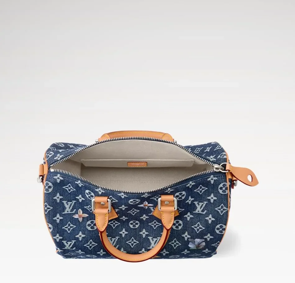 Louis Vuitton Speedy Bandouliere 30 Top Handle Bag / Blue Monogram Flowers Denim Silver Hardware