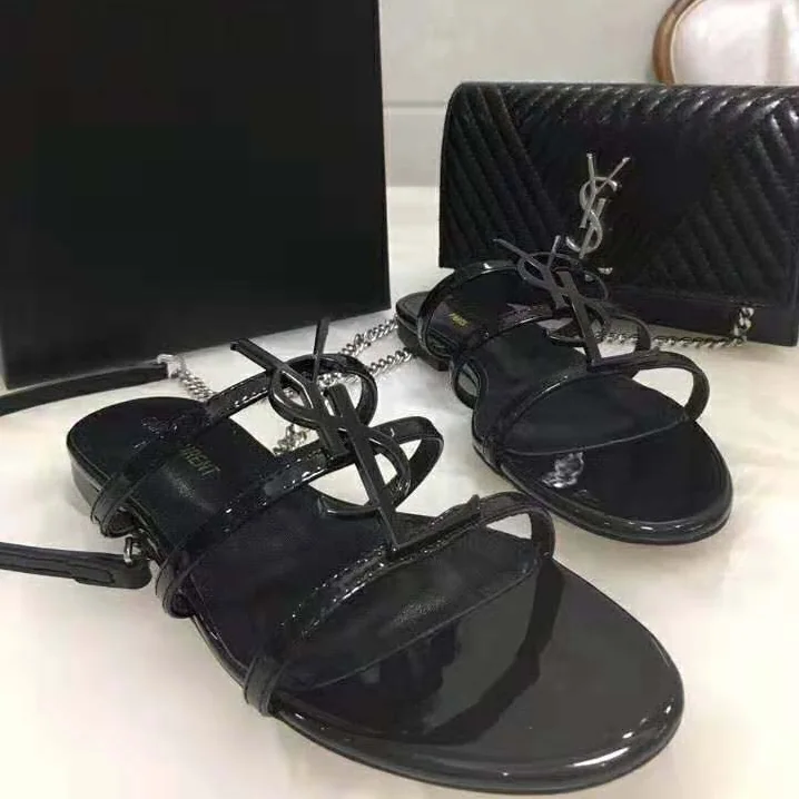 Saint Laurent YSL Cassandra Open Sandals Black Logo Patent for Women Saint Laurent YSL Cassandra Open Sandals Black Logo Patent for Women