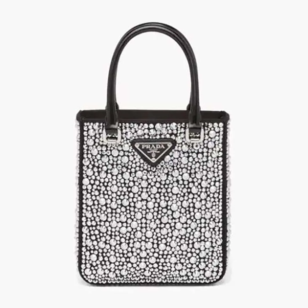 Prada Small Crystal-Studded Satin Tote Bag for Women in Black