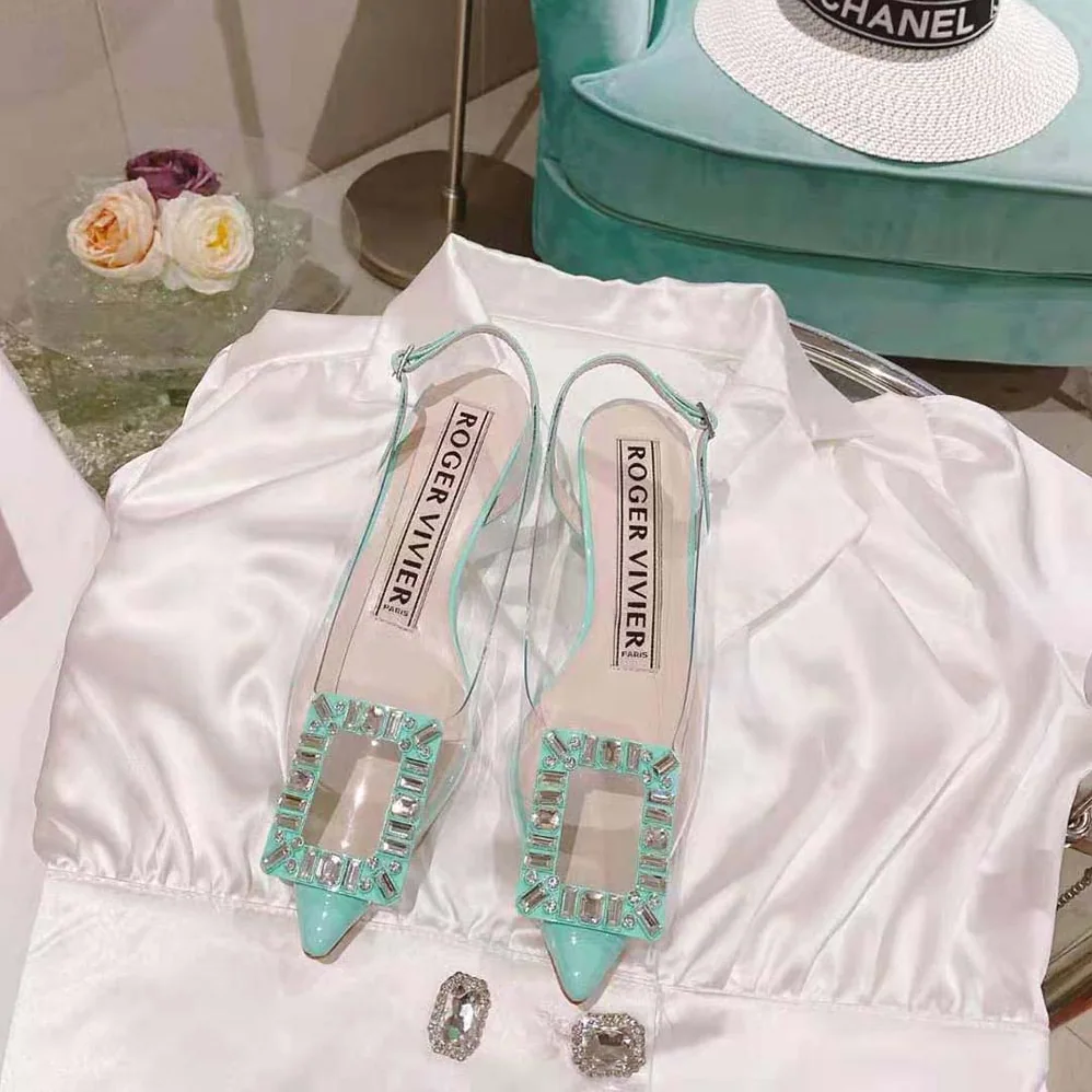 Roger Vivier Virgule Strass Buckle Slingback Pumps in PVC for Women in Lime Roger Vivier Virgule Strass Buckle Slingback Pumps in PVC for Women in Lime