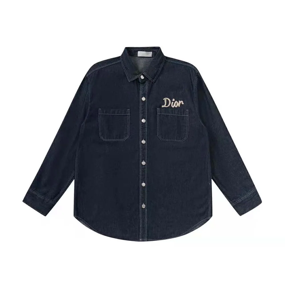 Dior Overshirt Navy Blue Flocked Technical Cotton Denim for Men Dior Overshirt Navy Blue Flocked Technical Cotton Denim for Men