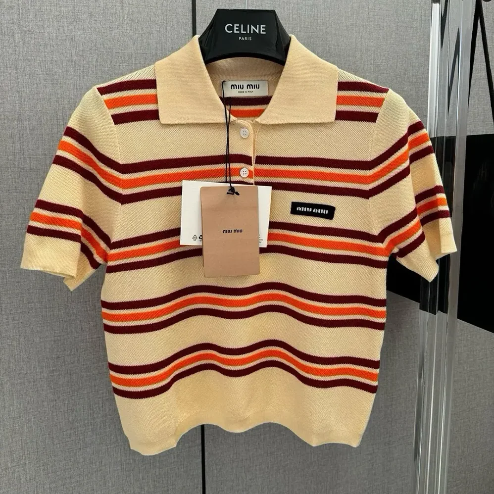 Miu Miu Cotton Striped Knit Polo Shirt for Women Miu Miu Cotton Striped Knit Polo Shirt for Women